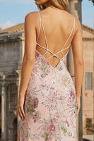 Load image into Gallery viewer, Sparkly Floral Pink Mermaid Spaghetti Straps Long Prom Dress with Slit