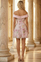 Load image into Gallery viewer, Floral Sparkly Pink Off the Shoulder Short Prom Dress with Slit