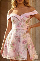 Load image into Gallery viewer, Floral Sparkly Pink Off the Shoulder Short Prom Dress with Slit