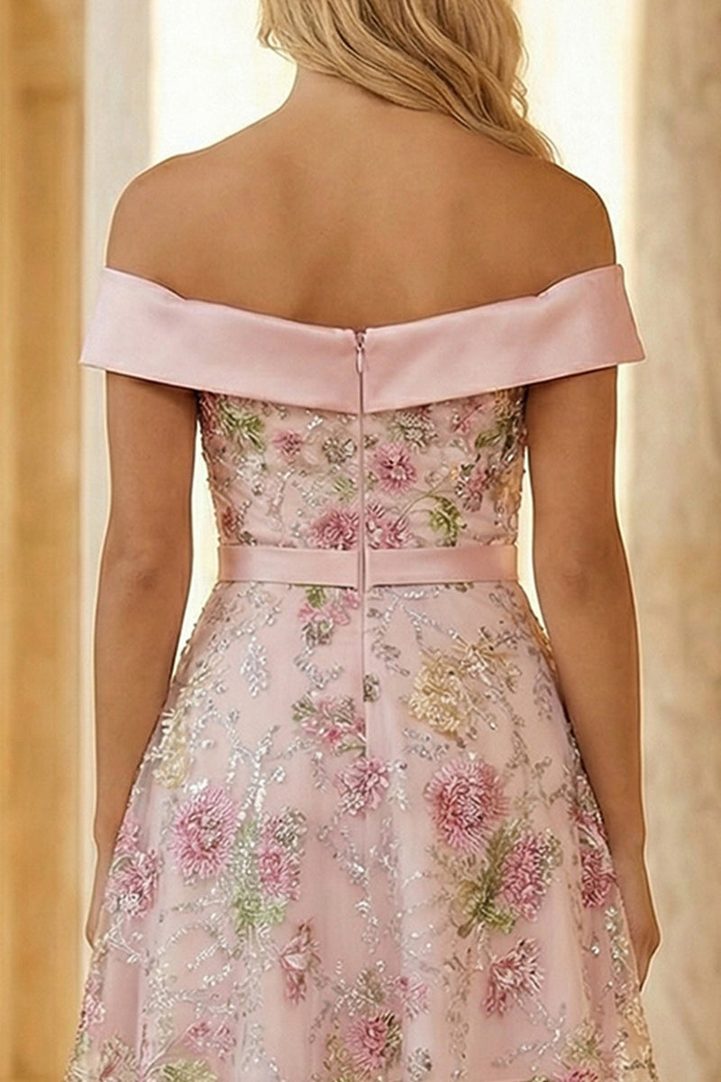 Load image into Gallery viewer, Floral Sparkly Pink Off the Shoulder Short Prom Dress with Slit