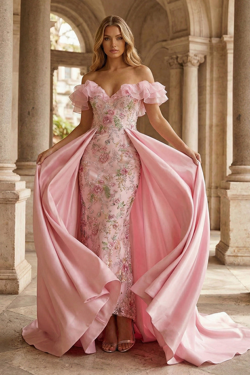 Load image into Gallery viewer, Sparkly Floral Pink Off the Shoulder Mermaid Ruffled Long Prom Dress with Cape