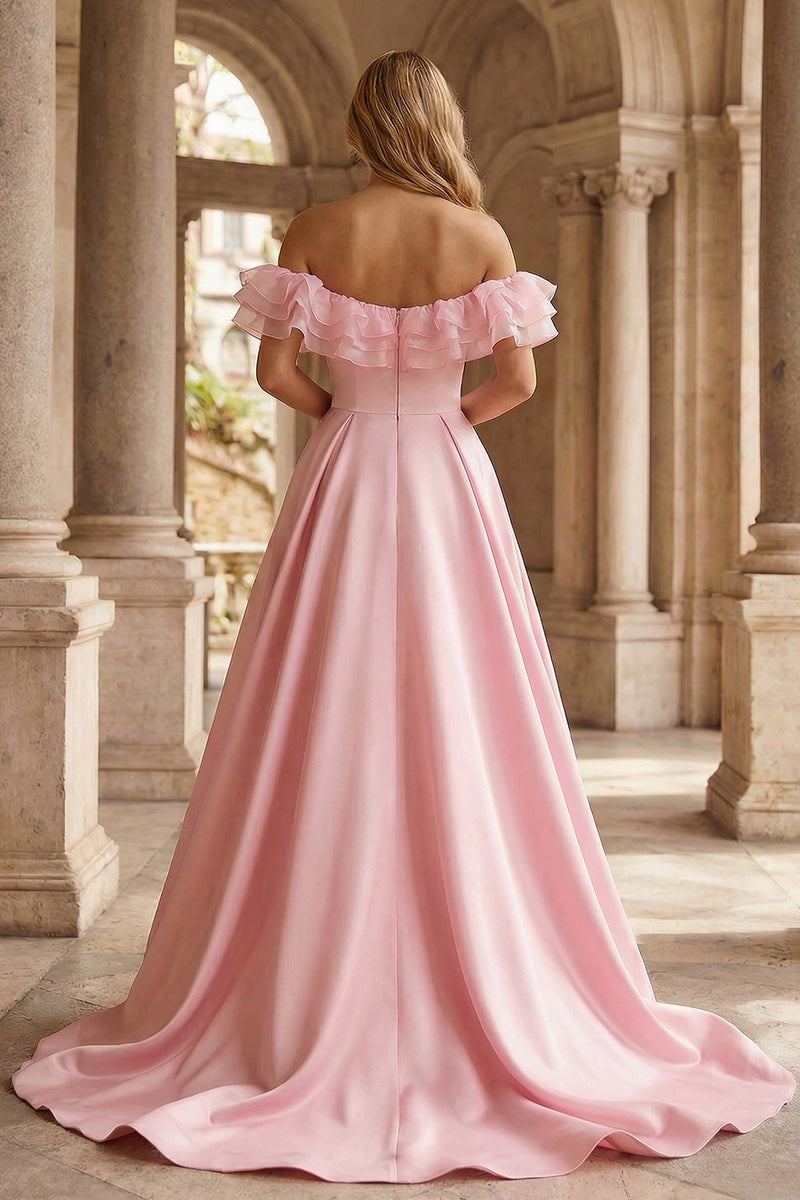 Load image into Gallery viewer, Sparkly Floral Pink Off the Shoulder Mermaid Ruffled Long Prom Dress with Cape