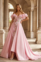 Load image into Gallery viewer, Sparkly Floral Pink Off the Shoulder Mermaid Ruffled Long Prom Dress with Cape