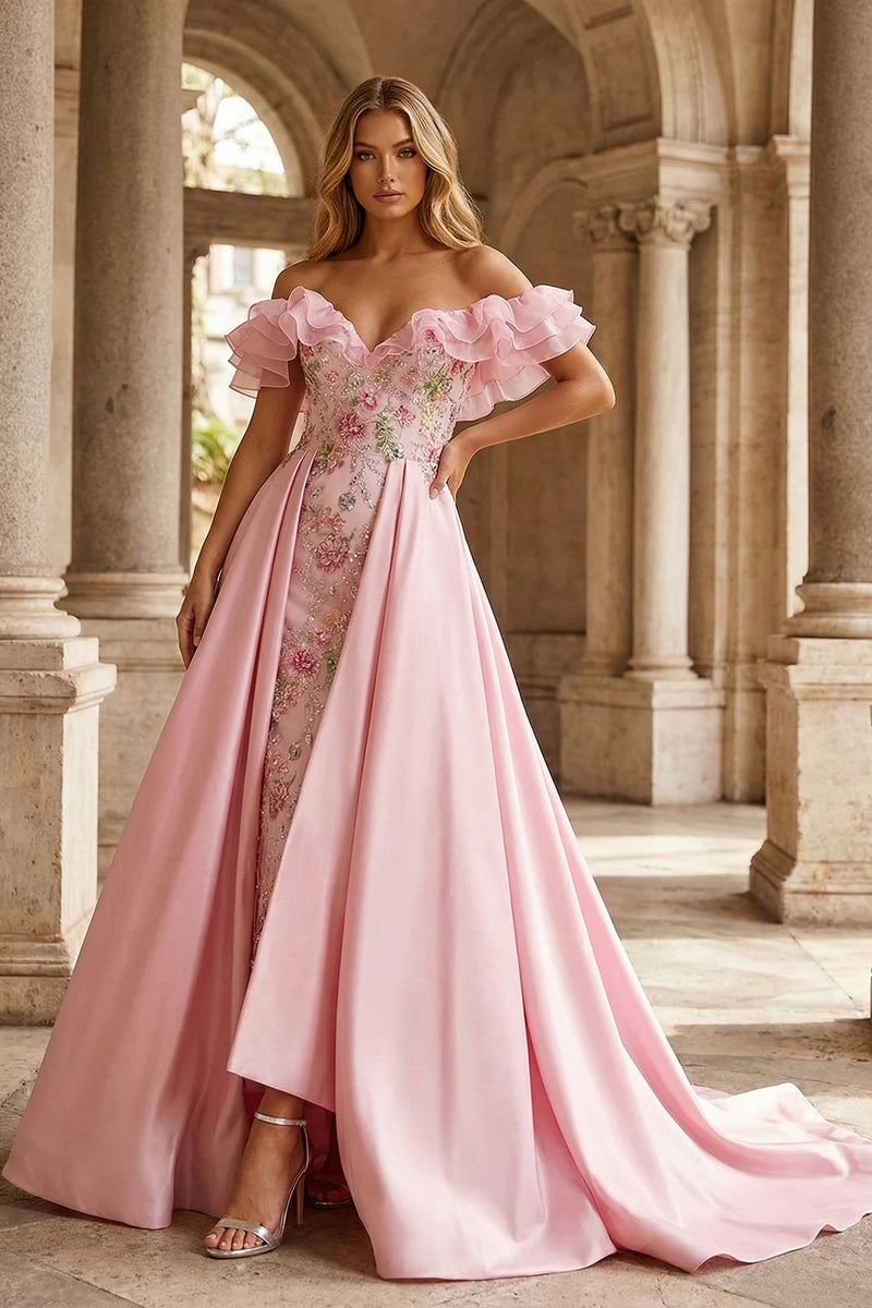 Load image into Gallery viewer, Sparkly Floral Pink Off the Shoulder Mermaid Ruffled Long Prom Dress with Cape
