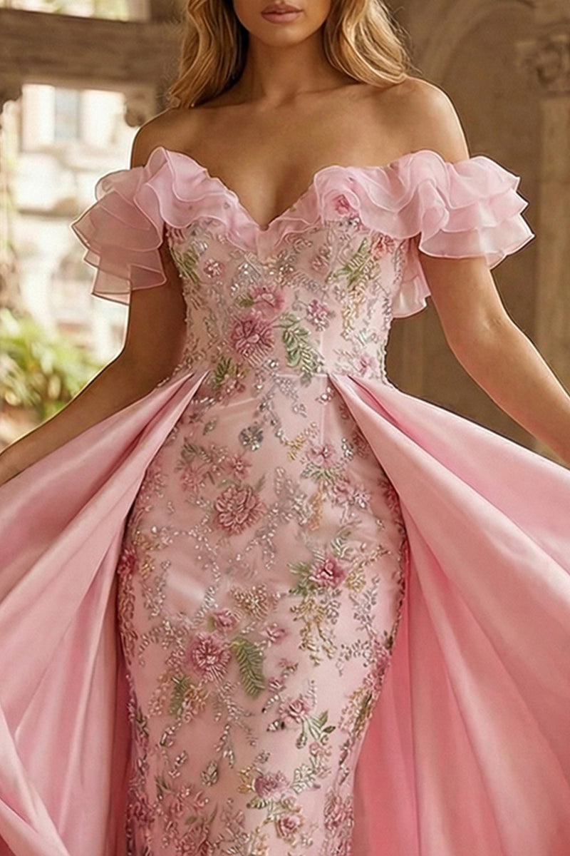 Load image into Gallery viewer, Sparkly Floral Pink Off the Shoulder Mermaid Ruffled Long Prom Dress with Cape