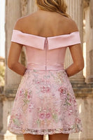 Load image into Gallery viewer, Sparkly Satin Floral Pink Off the Shoulder A Line Short Prom Dress
