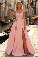 Load image into Gallery viewer, Sparkly Pink Beaded Thick Straps Corset A Line Long Prom Dress with Slit