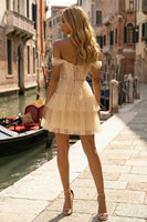 Load image into Gallery viewer, Glitter Champagne Ruffled Tulle Corset A Line Short Prom Dress with Beading