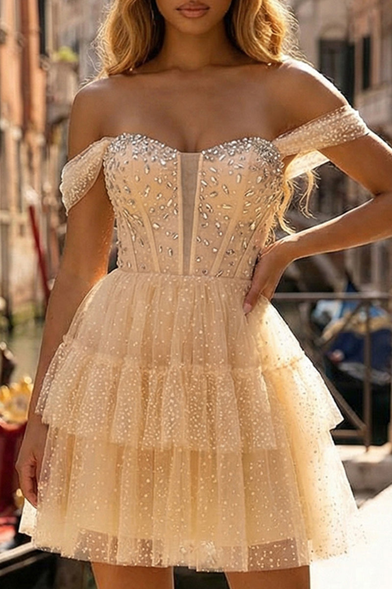 Load image into Gallery viewer, Glitter Champagne Ruffled Tulle Corset A Line Short Prom Dress with Beading