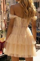 Load image into Gallery viewer, Glitter Champagne Ruffled Tulle Corset A Line Short Prom Dress with Beading