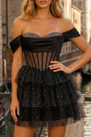 Load image into Gallery viewer, Glitter Black Beaded Tulle A Line Short Corset Prom Dress with Ruffles