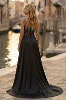 Load image into Gallery viewer, Sparkly Black Beaded Sheath Thick Straps Long Corset Prom Dress