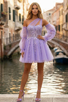 Load image into Gallery viewer, Glitter Lilac One Shoulder Tulle Corset Beaded Short Prom Dress with Sleeves