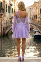 Load image into Gallery viewer, Glitter Lilac One Shoulder Tulle Corset Beaded Short Prom Dress with Sleeves