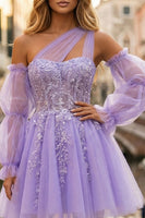 Load image into Gallery viewer, Glitter Lilac One Shoulder Tulle Corset Beaded Short Prom Dress with Sleeves