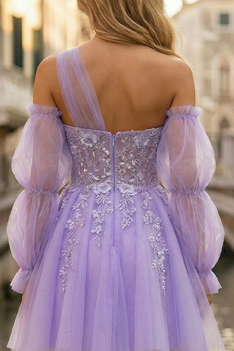 Load image into Gallery viewer, Glitter Lilac One Shoulder Tulle Corset Beaded Short Prom Dress with Sleeves