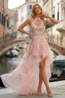 Load image into Gallery viewer, Sparkly Floral Pink Corset A Line High-Low Prom Dress with Sequins