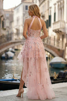 Load image into Gallery viewer, Sparkly Floral Pink Corset A Line High-Low Prom Dress with Sequins