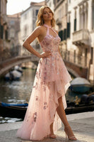 Load image into Gallery viewer, Sparkly Floral Pink Corset A Line High-Low Prom Dress with Sequins