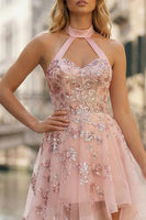 Load image into Gallery viewer, Sparkly Floral Pink Corset A Line High-Low Prom Dress with Sequins