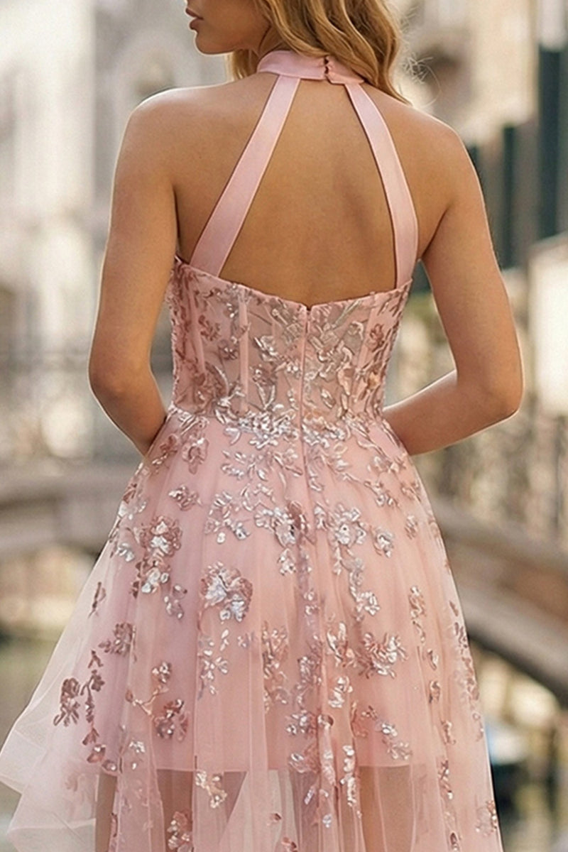 Load image into Gallery viewer, Sparkly Floral Pink Corset A Line High-Low Prom Dress with Sequins