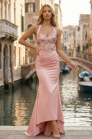 Load image into Gallery viewer, Pink Halter Neck Ruched Mermaid Appliqued Long Corset Prom Dress