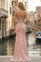 Load image into Gallery viewer, Pink Halter Neck Ruched Mermaid Appliqued Long Corset Prom Dress