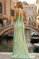 Load image into Gallery viewer, Sparkly Light Green Neck Scarf Mermaid Appliqued Long Corset Prom Dress with Slit