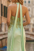 Load image into Gallery viewer, Sparkly Light Green Neck Scarf Mermaid Appliqued Long Corset Prom Dress with Slit