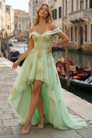 Load image into Gallery viewer, Sparkly Light Green Beaded Corset A Line Appliqued High-Low Prom Dress