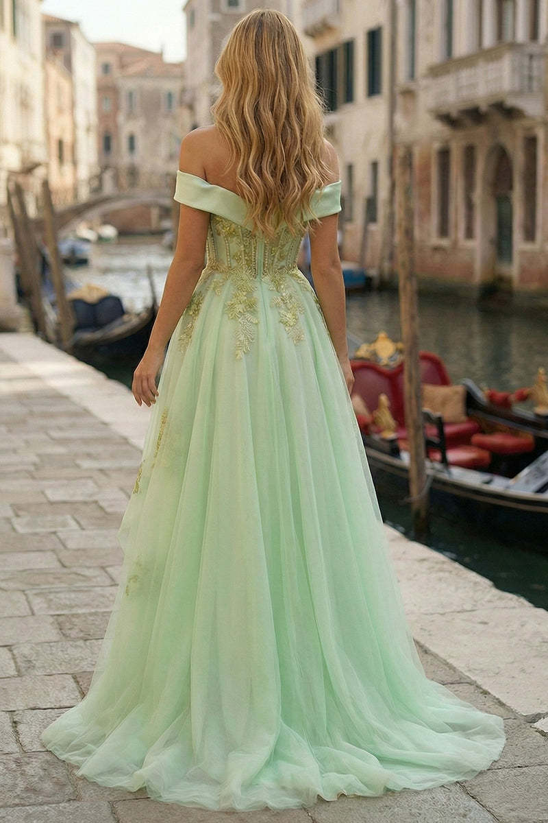 Load image into Gallery viewer, Sparkly Light Green Beaded Corset A Line Appliqued High-Low Prom Dress
