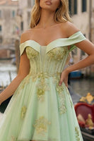 Load image into Gallery viewer, Sparkly Light Green Beaded Corset A Line Appliqued High-Low Prom Dress
