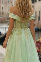 Load image into Gallery viewer, Sparkly Light Green Beaded Corset A Line Appliqued High-Low Prom Dress