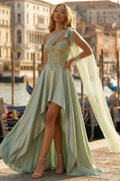 Load image into Gallery viewer, Sage Green Satin Appliqued One Shoulder High-Low Corset Prom Dress with Side Cape