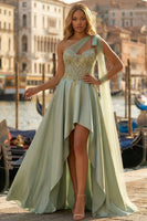Load image into Gallery viewer, Sage Green Satin Appliqued One Shoulder High-Low Corset Prom Dress with Side Cape