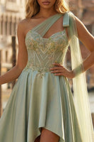 Load image into Gallery viewer, Sage Green Satin Appliqued One Shoulder High-Low Corset Prom Dress with Side Cape