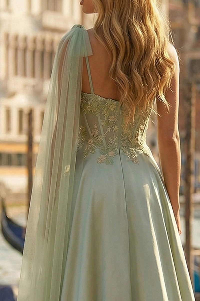 Load image into Gallery viewer, Sage Green Satin Appliqued One Shoulder High-Low Corset Prom Dress with Side Cape
