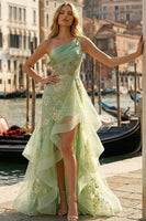Load image into Gallery viewer, Light Green One Shoulder Ruffled Mermaid Appliqued High-Low Corset Prom Dress