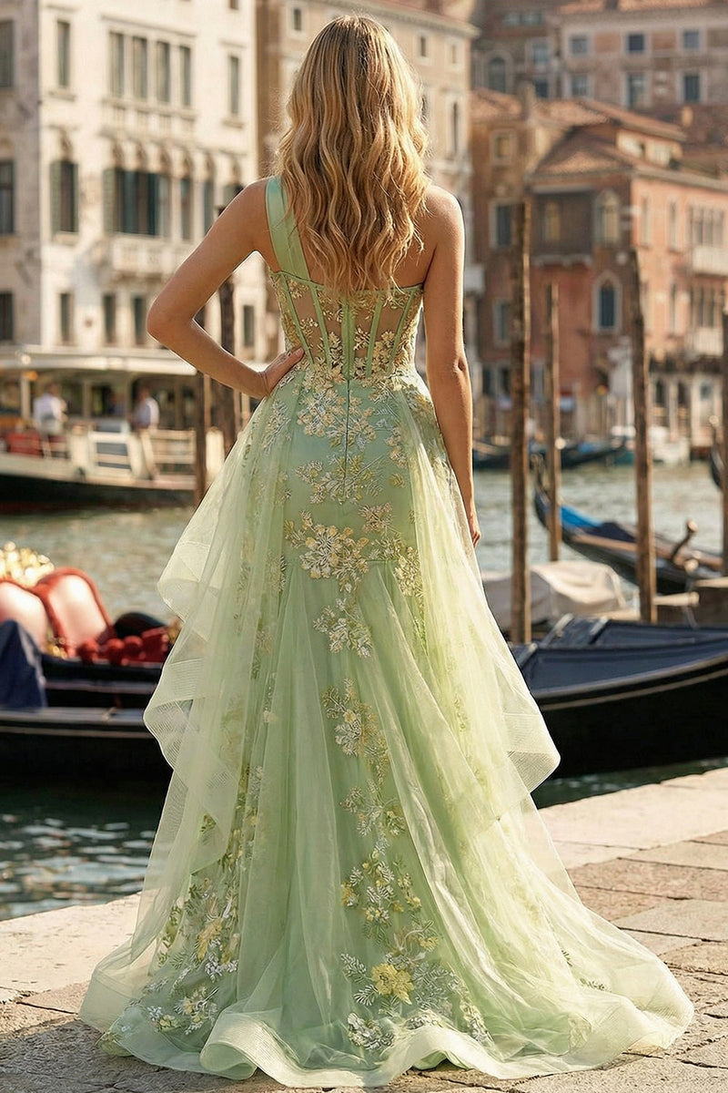Load image into Gallery viewer, Light Green One Shoulder Ruffled Mermaid Appliqued High-Low Corset Prom Dress