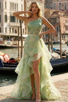 Load image into Gallery viewer, Light Green One Shoulder Ruffled Mermaid Appliqued High-Low Corset Prom Dress