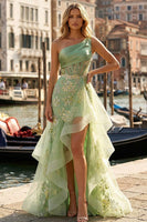 Load image into Gallery viewer, Light Green One Shoulder Ruffled Mermaid Appliqued High-Low Corset Prom Dress