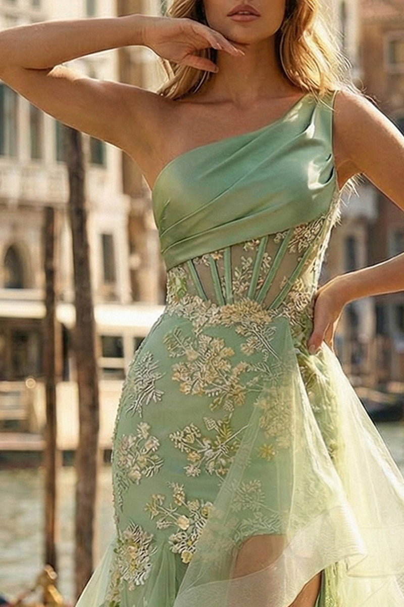 Load image into Gallery viewer, Light Green One Shoulder Ruffled Mermaid Appliqued High-Low Corset Prom Dress