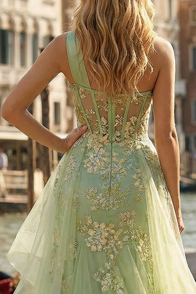 Load image into Gallery viewer, Light Green One Shoulder Ruffled Mermaid Appliqued High-Low Corset Prom Dress