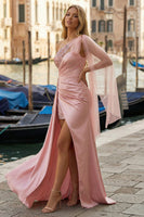 Load image into Gallery viewer, Pink One Shoulder Ruched Appliqued Long Prom Dress with Side Cape