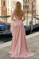 Load image into Gallery viewer, Pink One Shoulder Ruched Appliqued Long Prom Dress with Side Cape