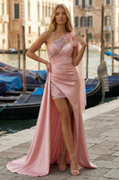 Load image into Gallery viewer, Pink One Shoulder Ruched Appliqued Long Prom Dress with Side Cape