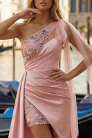 Load image into Gallery viewer, Pink One Shoulder Ruched Appliqued Long Prom Dress with Side Cape
