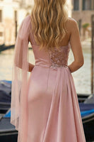 Load image into Gallery viewer, Pink One Shoulder Ruched Appliqued Long Prom Dress with Side Cape