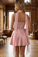 Load image into Gallery viewer, Sparkly Pink Satin A Line Appliqued Short Corset Prom Dress with Sequins