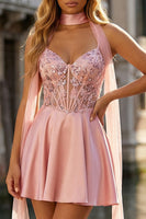 Load image into Gallery viewer, Sparkly Pink Satin A Line Appliqued Short Corset Prom Dress with Sequins